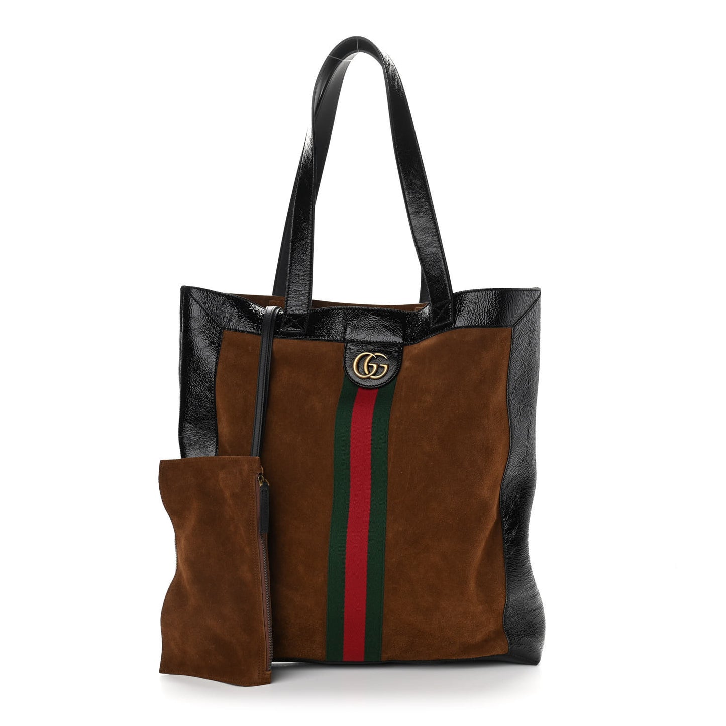 Suede Patent Web Large Ophidia Vertical Shopping Tote Nocciola Black