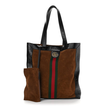 Gucci Suede Patent Web Large Ophidia Vertical Shopping Tote Nocciola Black 1 of 10