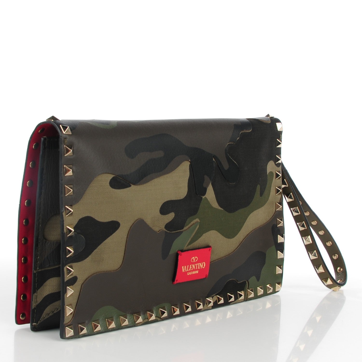 Valentino Garavani Nappa Canvas Camouflage Rockstud Wristlet Clutch Verde Rouge 3 of 7