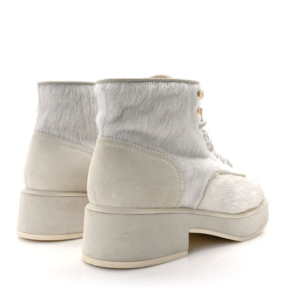Chanel Suede Pony Hair Shearling Lace Up Combat Boots 38.5 White Black 4 of 10