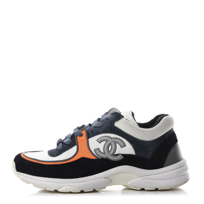 Chanel Nylon Calfskin Suede CC Womens Sneakers 36 Navy White Orange 1 of 8