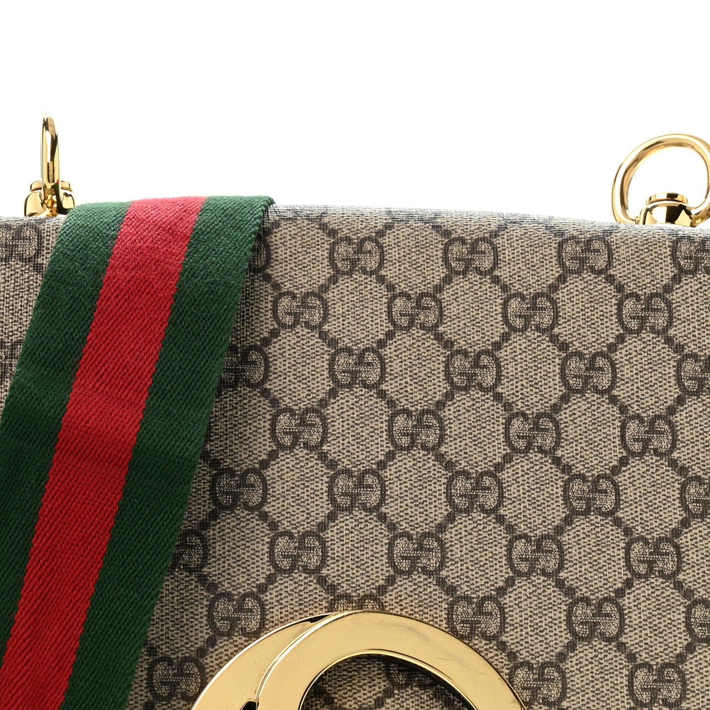 GG Supreme Monogram Textured Dollar Calfskin Web Medium Blondie Shoulder Flap Bag Beige Ebony New Acero