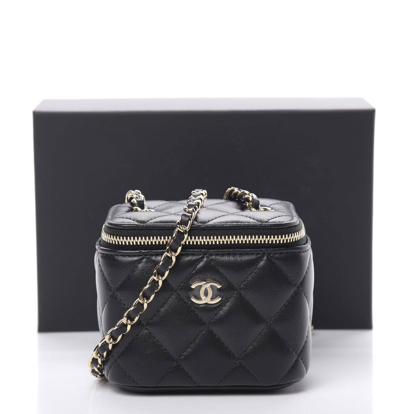 Lambskin Quilted Mini Vanity Case With Chain Black