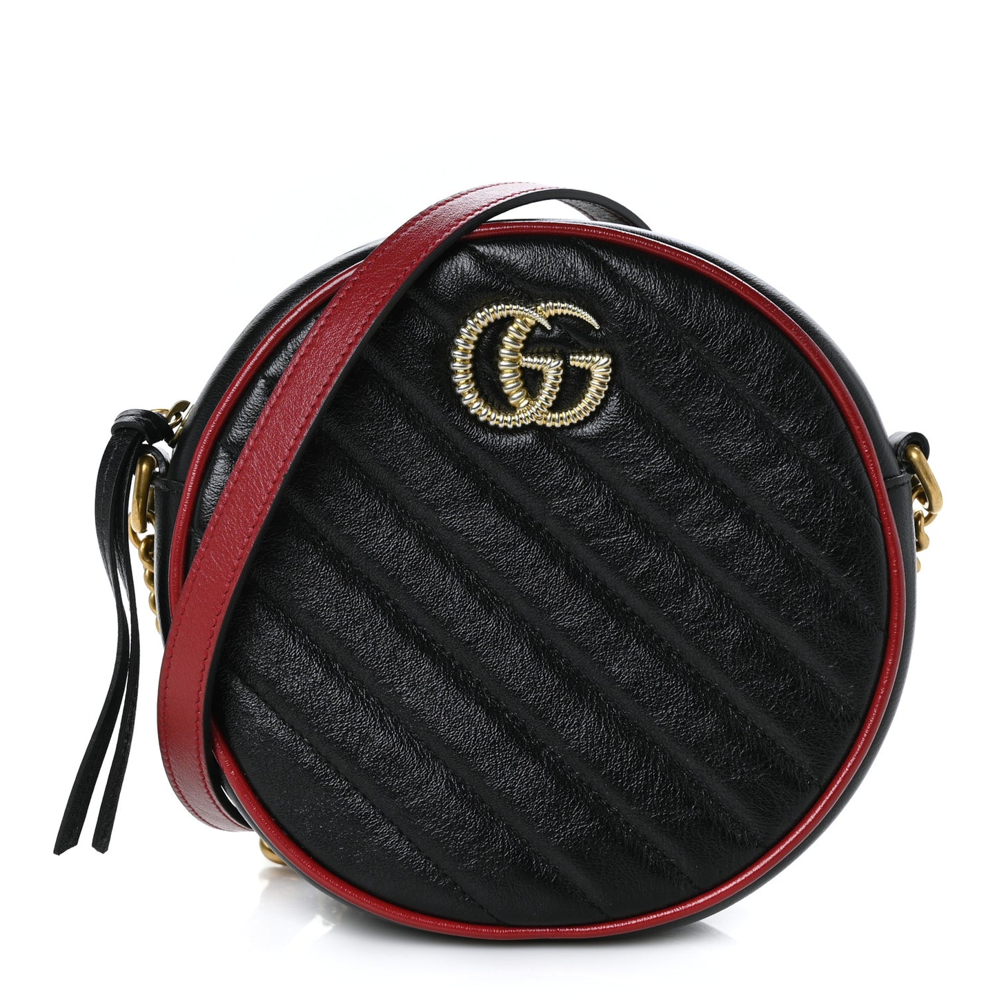 Vintage Effect Calfskin Matelasse Diagonal Mini Torchon GG Marmont Round Shoulder Bag Black Romantic Cherry