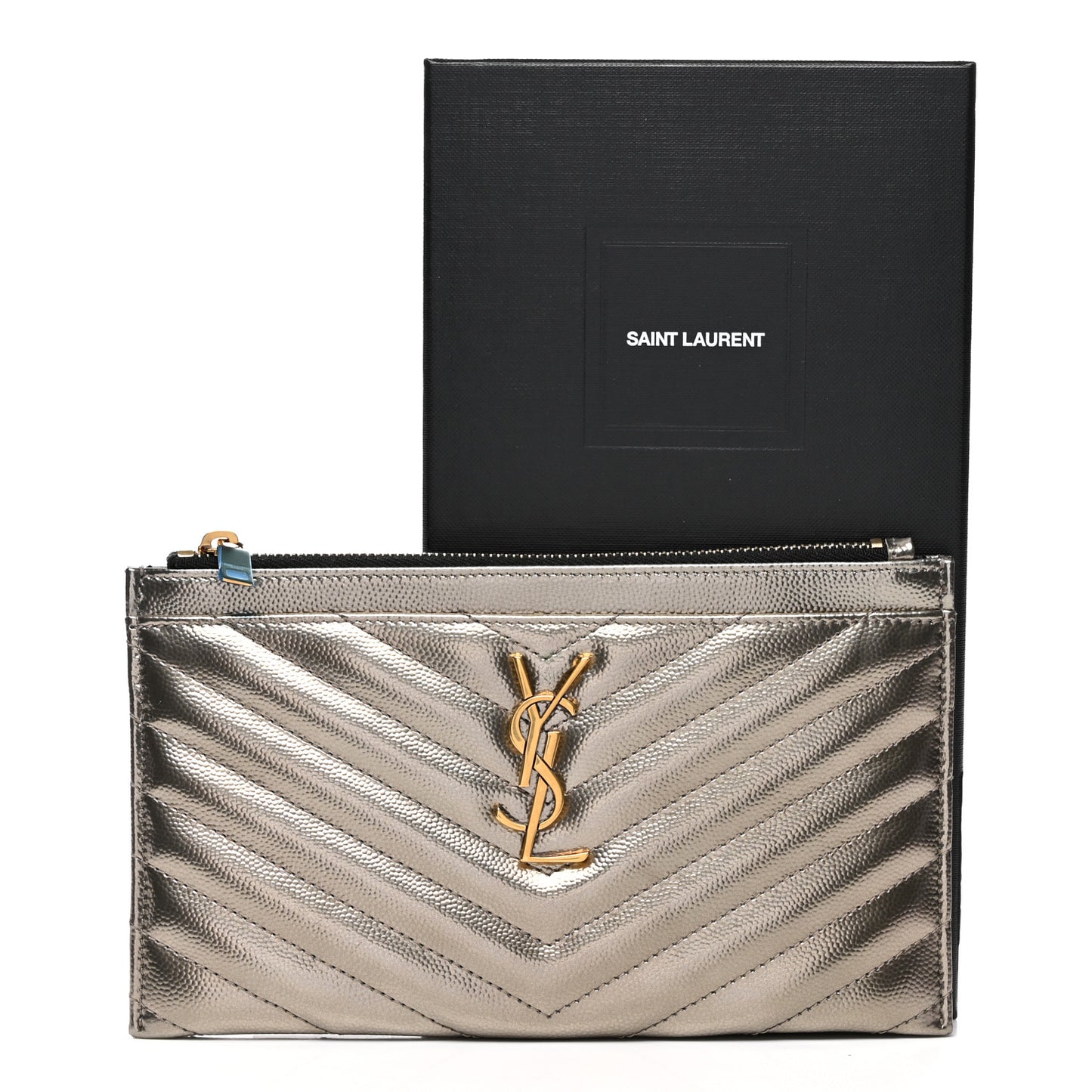Metallic Grain De Poudre Matelasse Chevron Monogram Bill Pouch Piombo