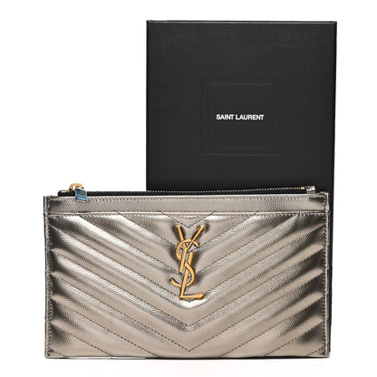 Saint Laurent Metallic Grain De Poudre Matelasse Chevron Monogram Bill Pouch Piombo 9 of 9