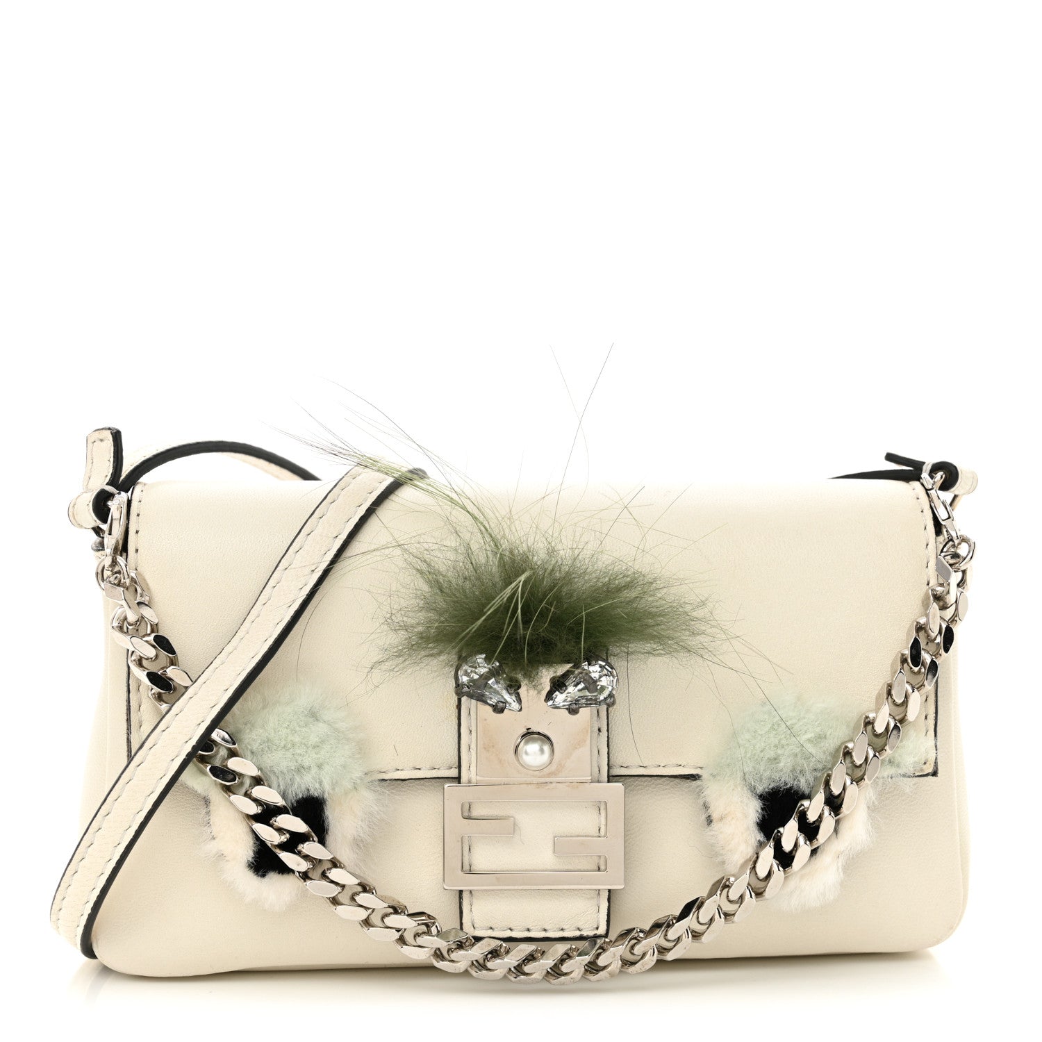 Fendi Nappa Rabbit Fox Fur Micro Buggie Baguette White Nirvana Black 1 of 11