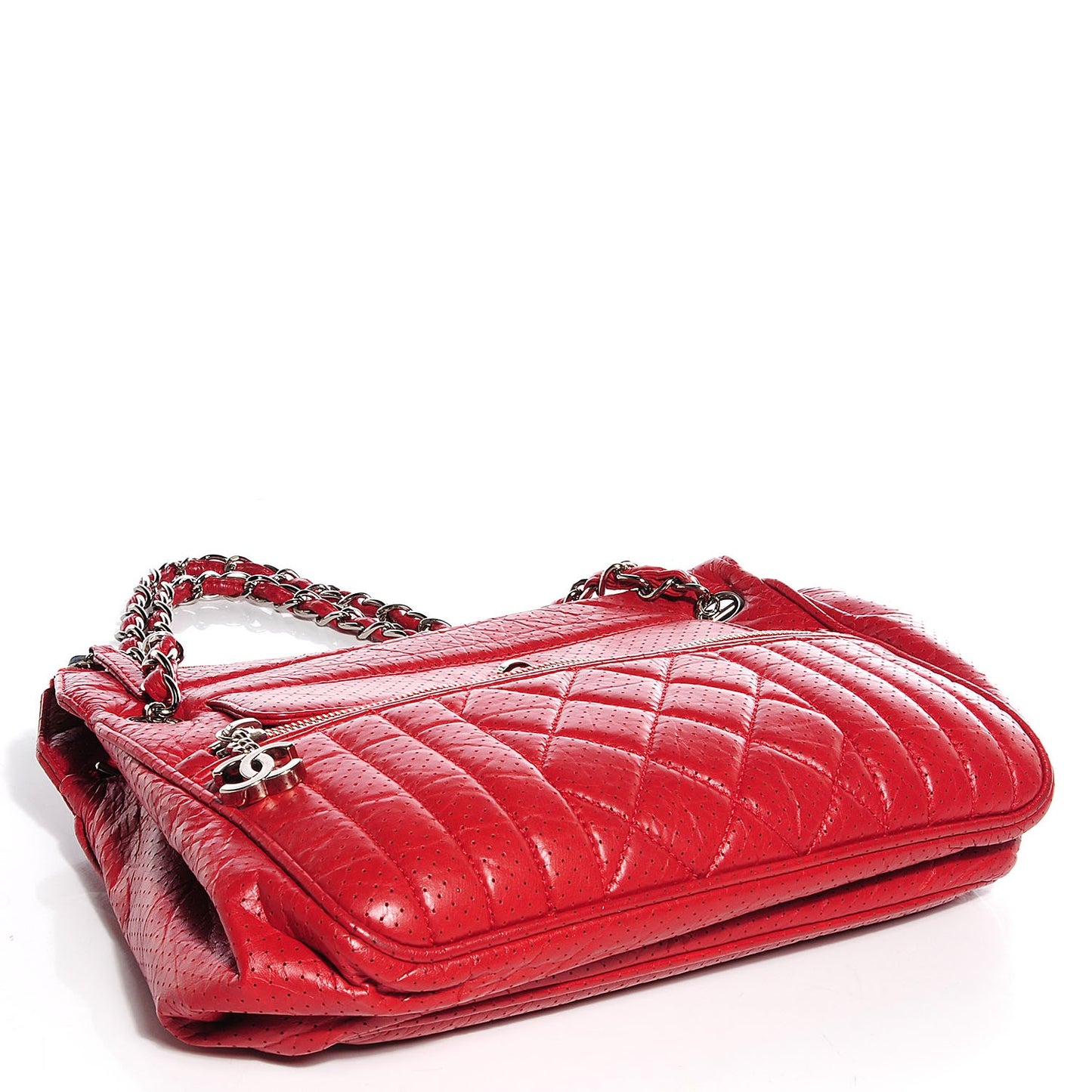 Aged Calfskin Perforated Large Tote Red
