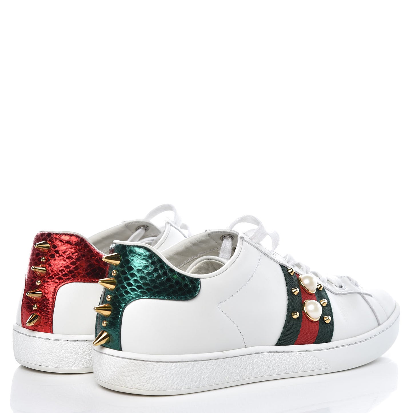 Calfskin Web Pearl Studded Womens Ace Sneakers 37.5 White