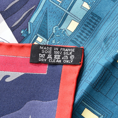 Hermes Silk Space Shopping Au Faubourg Pocket Square Bleu Nuit Bordeaux 2 of 5