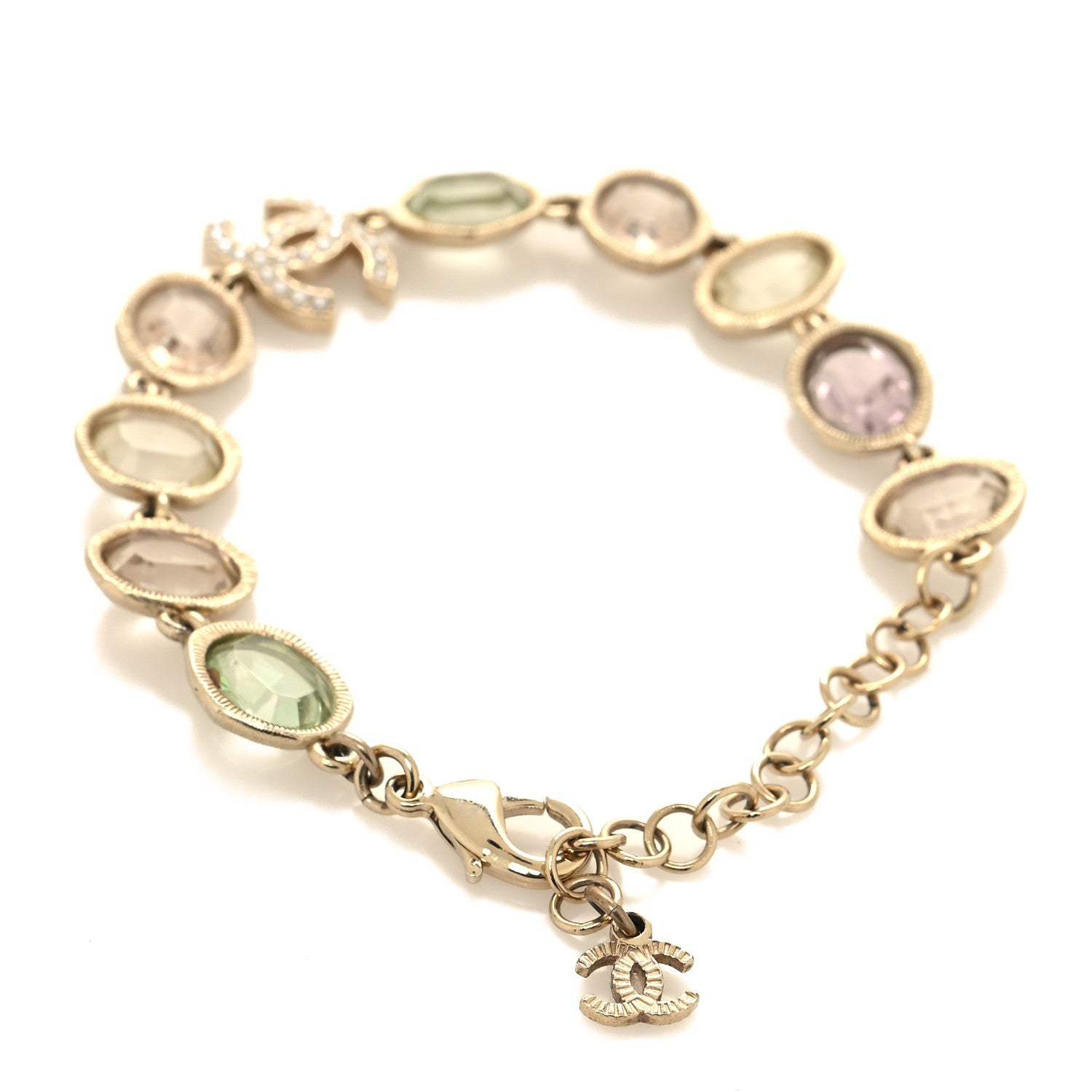 Chanel Metal Glass Crystal Strass Pearl CC Chain Bracelet Gold Multicolor Pearly White 3 of 5