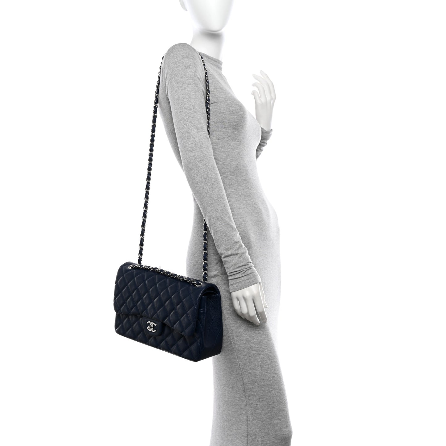 Caviar Quilted Jumbo Double Flap Navy Blue