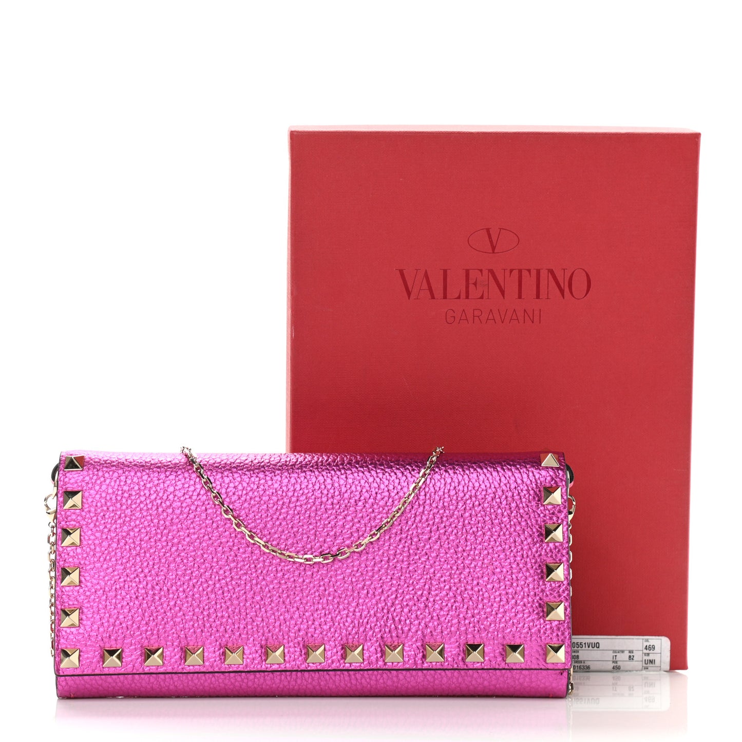 Metallic Pebbled Calfskin Rockstud Flap Wallet On Chain Peony