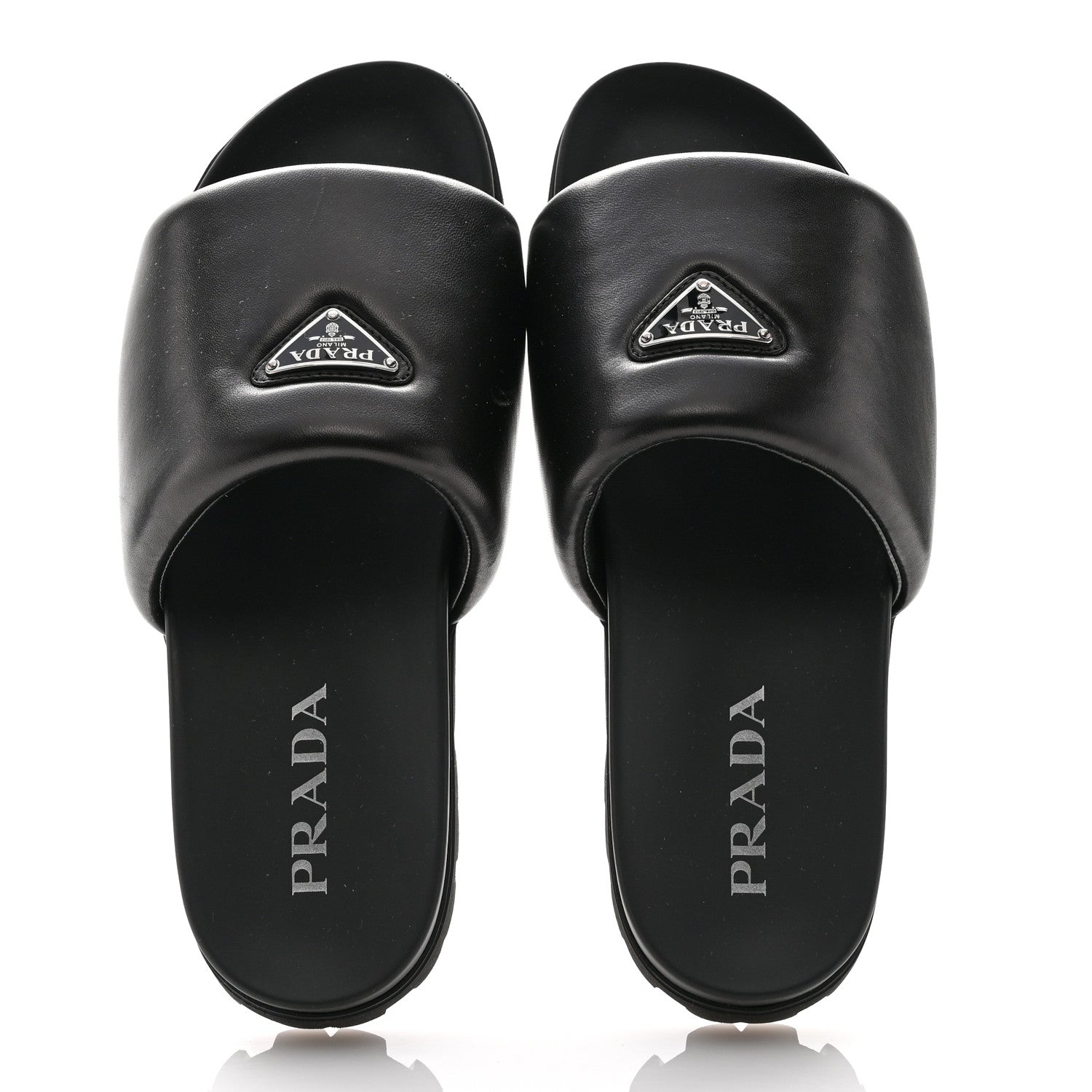 Prada Nappa Soft Padded Metal Triangle Logo Mens Slide Sandals 10 Black 2 of 9