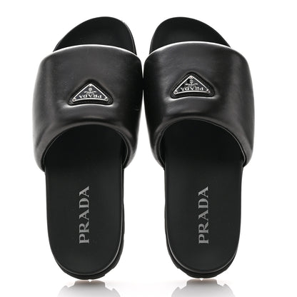 Prada Nappa Soft Padded Metal Triangle Logo Mens Slide Sandals 10 Black 2 of 9