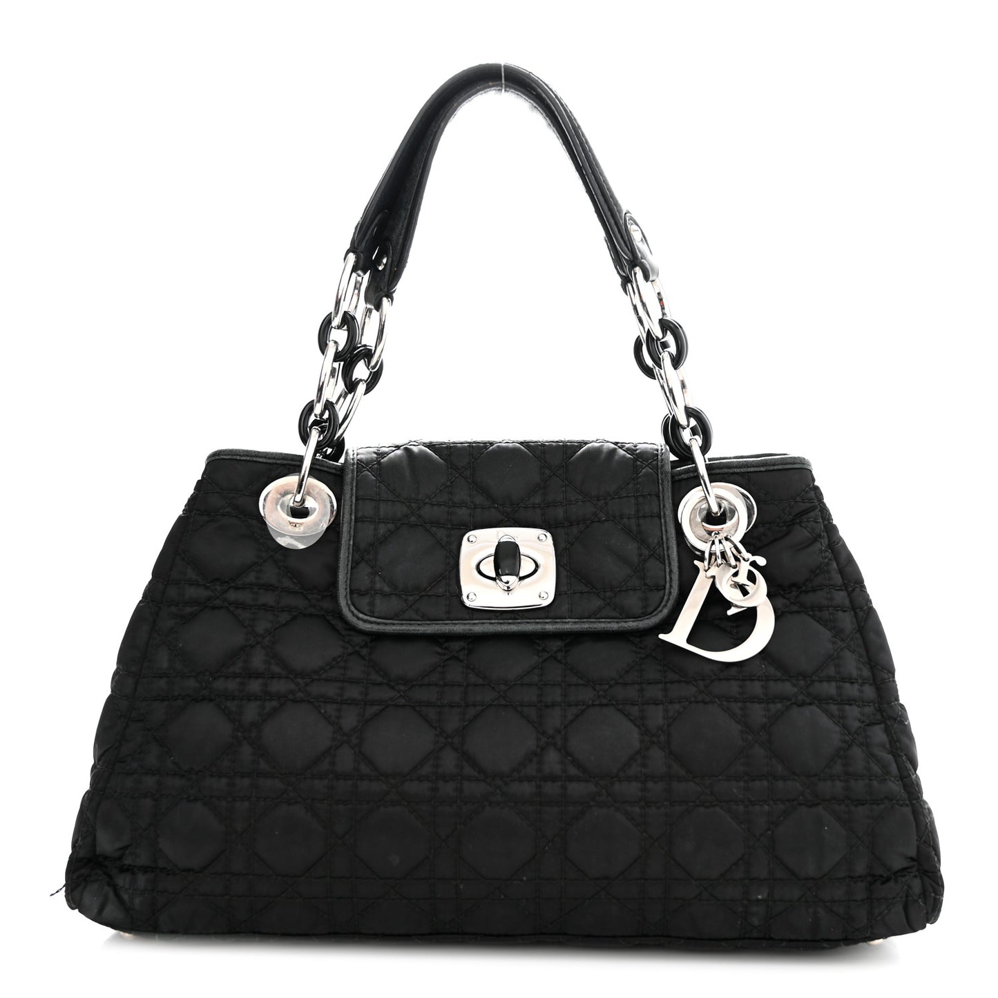 Satin Cannage Charming Lock Flap Shoulder Bag Black
