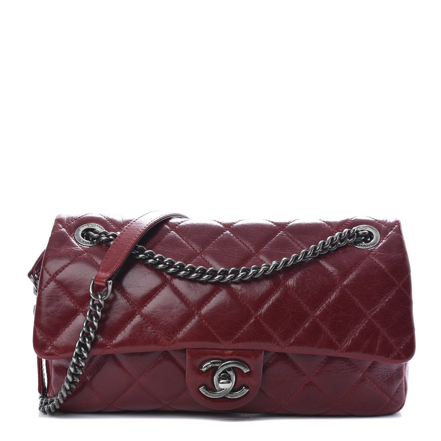 Glazed Calfskin Quilted Medium Duo Color Flap Dark Red