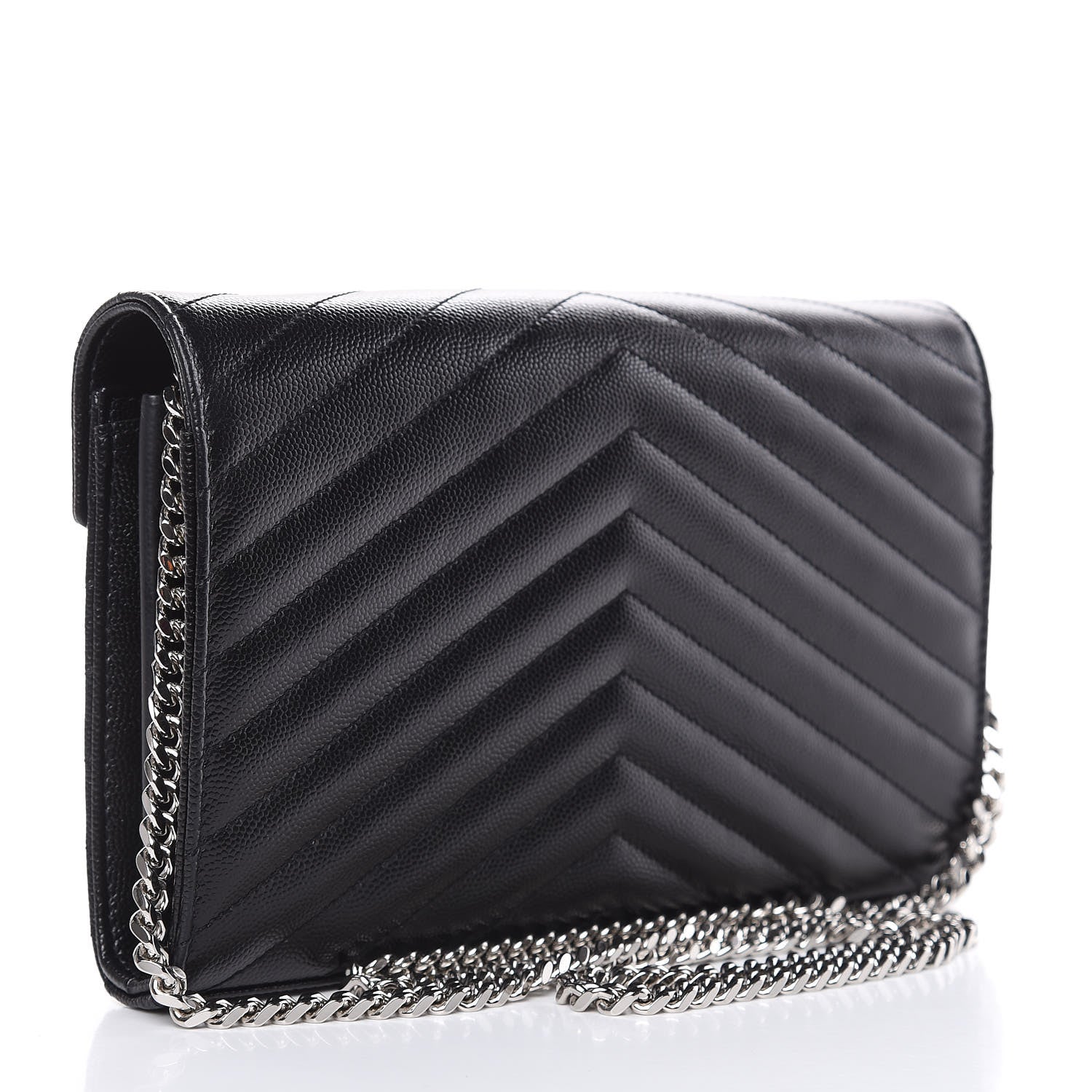 Saint Laurent Grain De Poudre Matelasse Chevron Monogram Chain Wallet Black 3 of 9