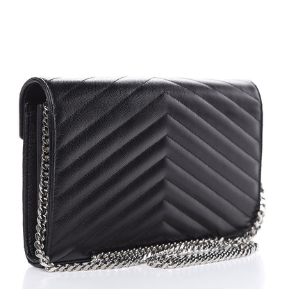 Saint Laurent Grain De Poudre Matelasse Chevron Monogram Chain Wallet Black 3 of 9