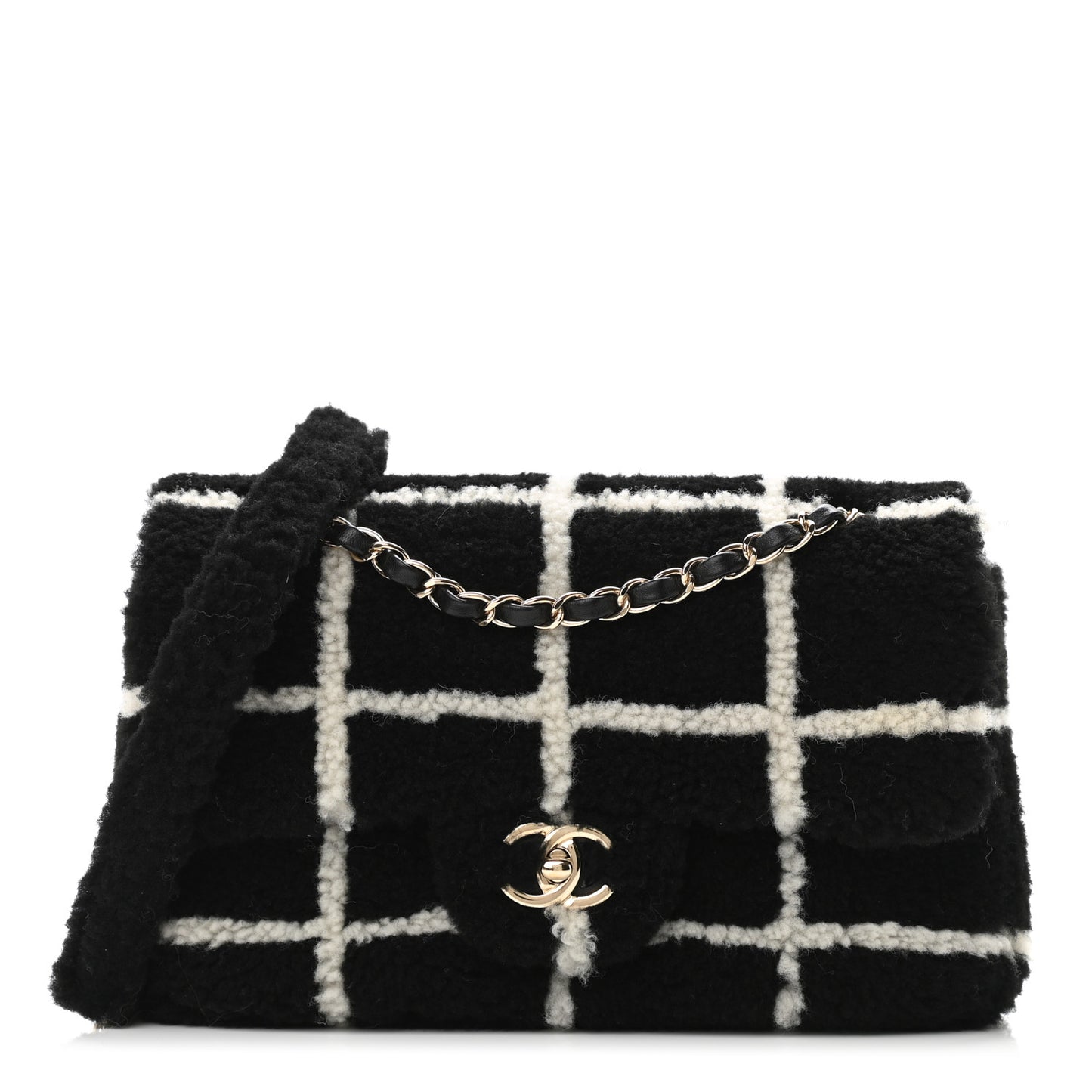 Shearling Lambskin Large Fluffy Tartan Single Flap Black White