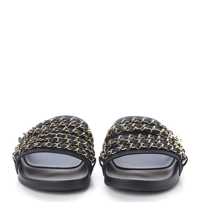 Chanel Lambskin Canvas Chain Flat Sandals 41 Marine 2 of 11