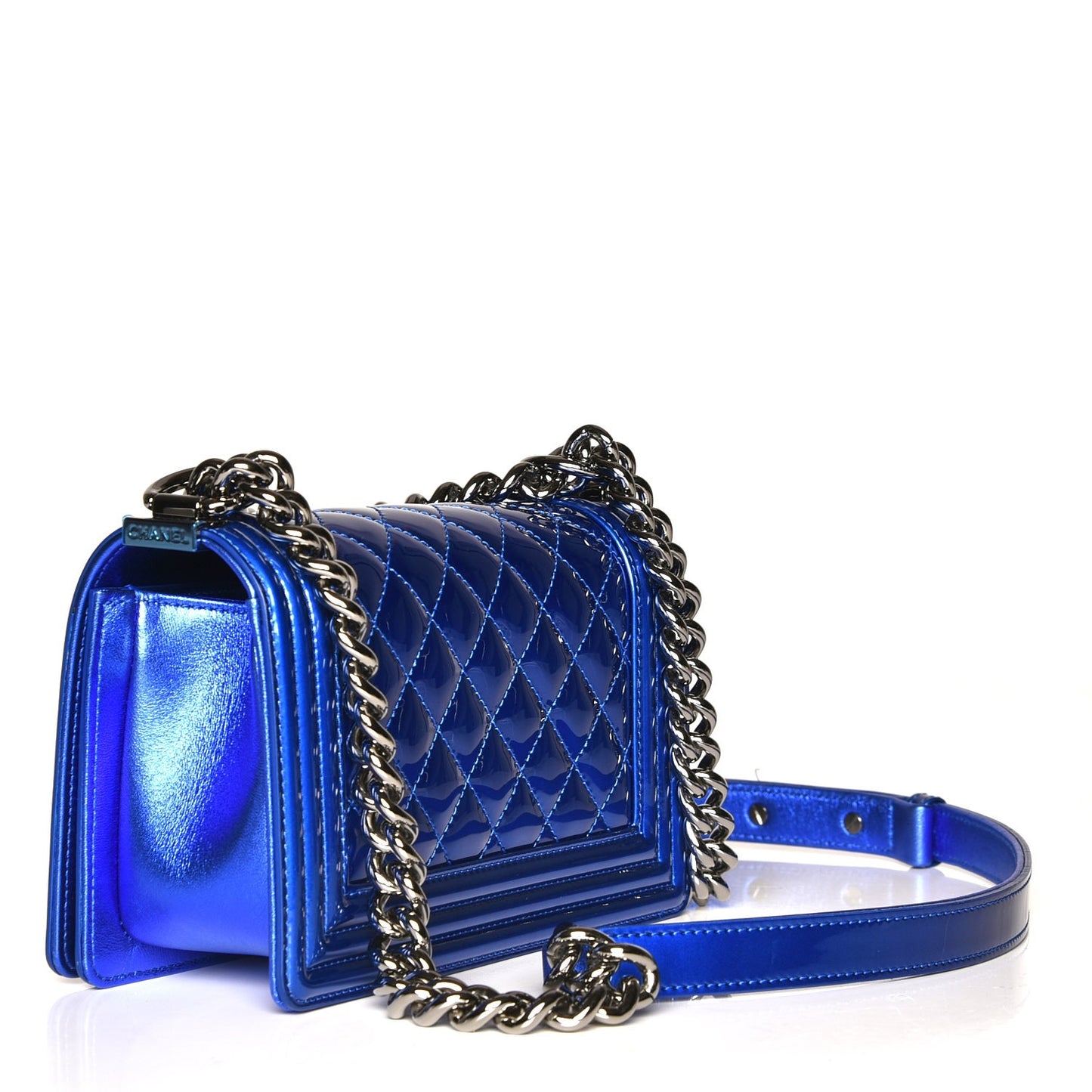 Metallic Patent Calfskin Quilted Small Boy Flap Blue