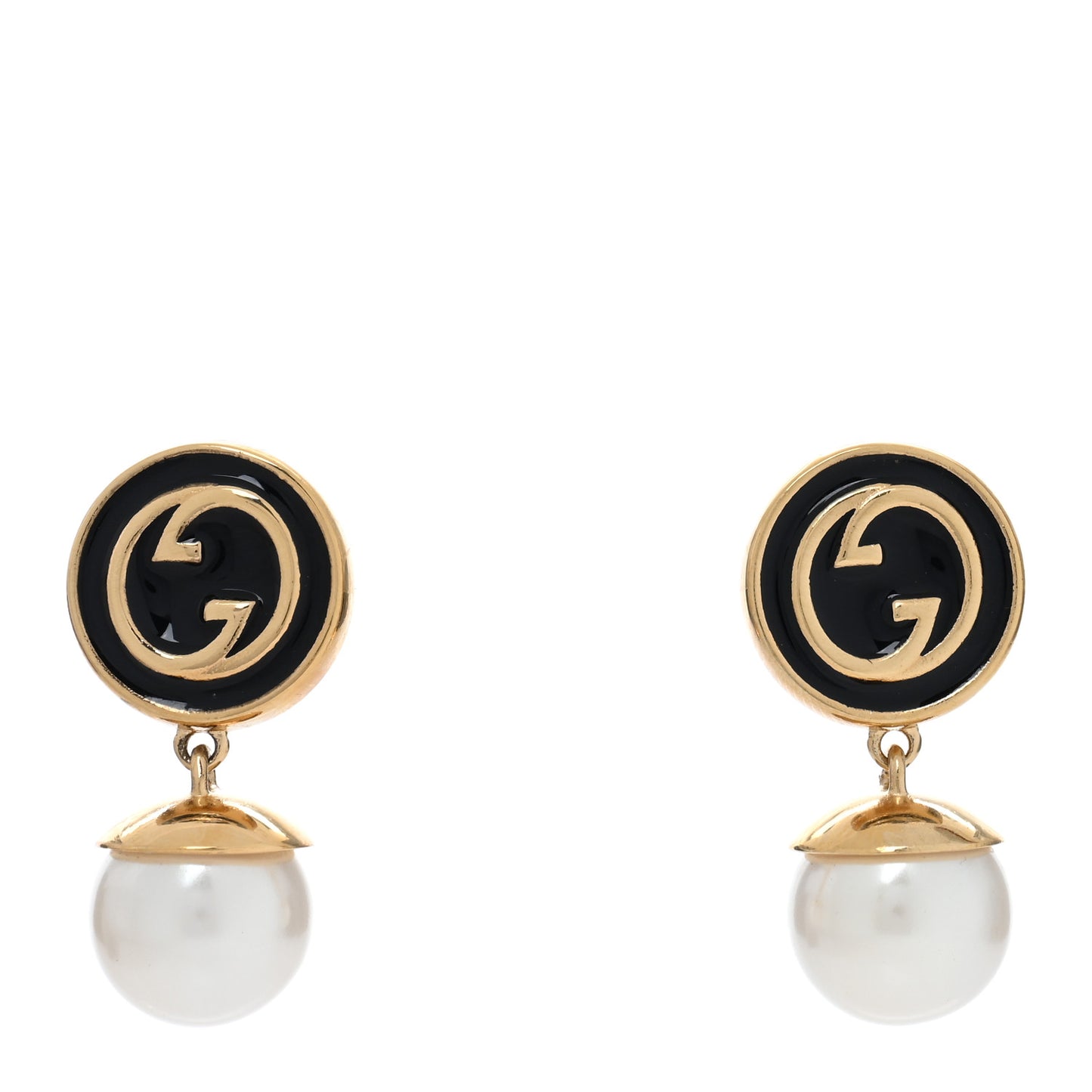Metal Enamel Pearl GG Interlocking Earring Black White