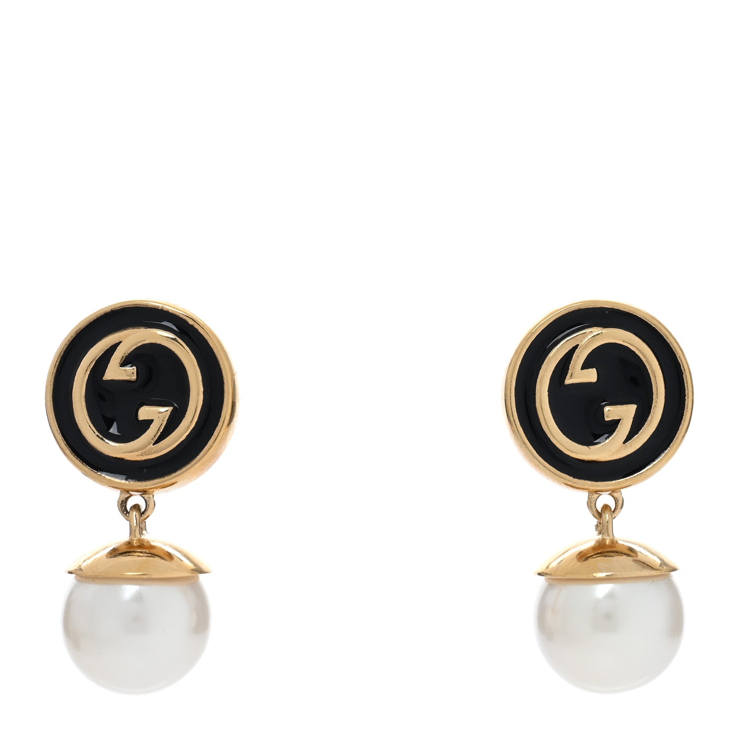 Gucci Metal Enamel Pearl GG Interlocking Earring Black White 1 of 5