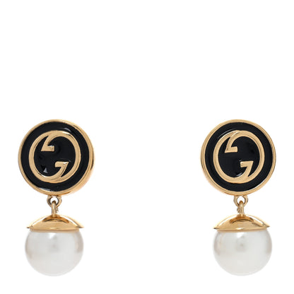 Gucci Metal Enamel Pearl GG Interlocking Earring Black White 1 of 5