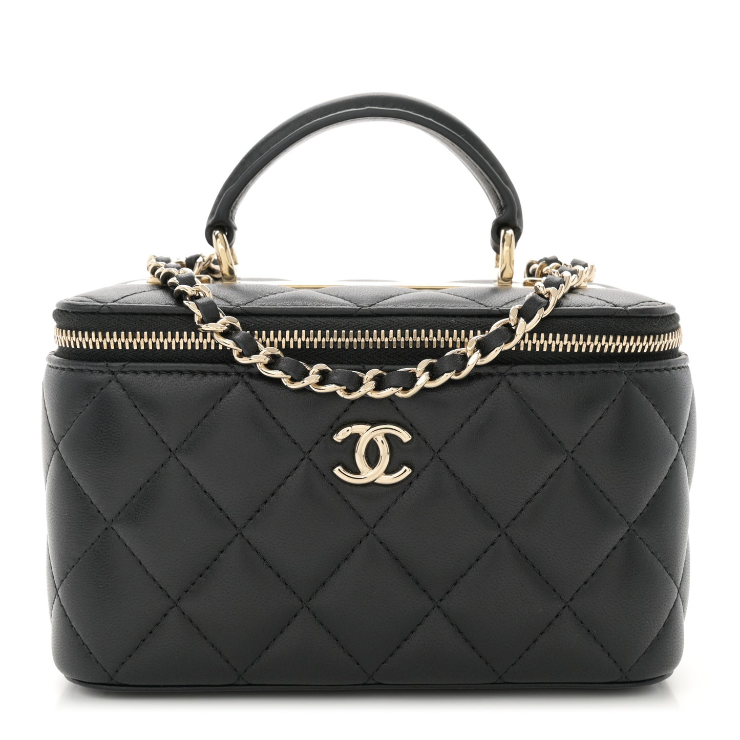 Lambskin Quilted Trendy Small Top Handle Vanity Case With Chain Black
