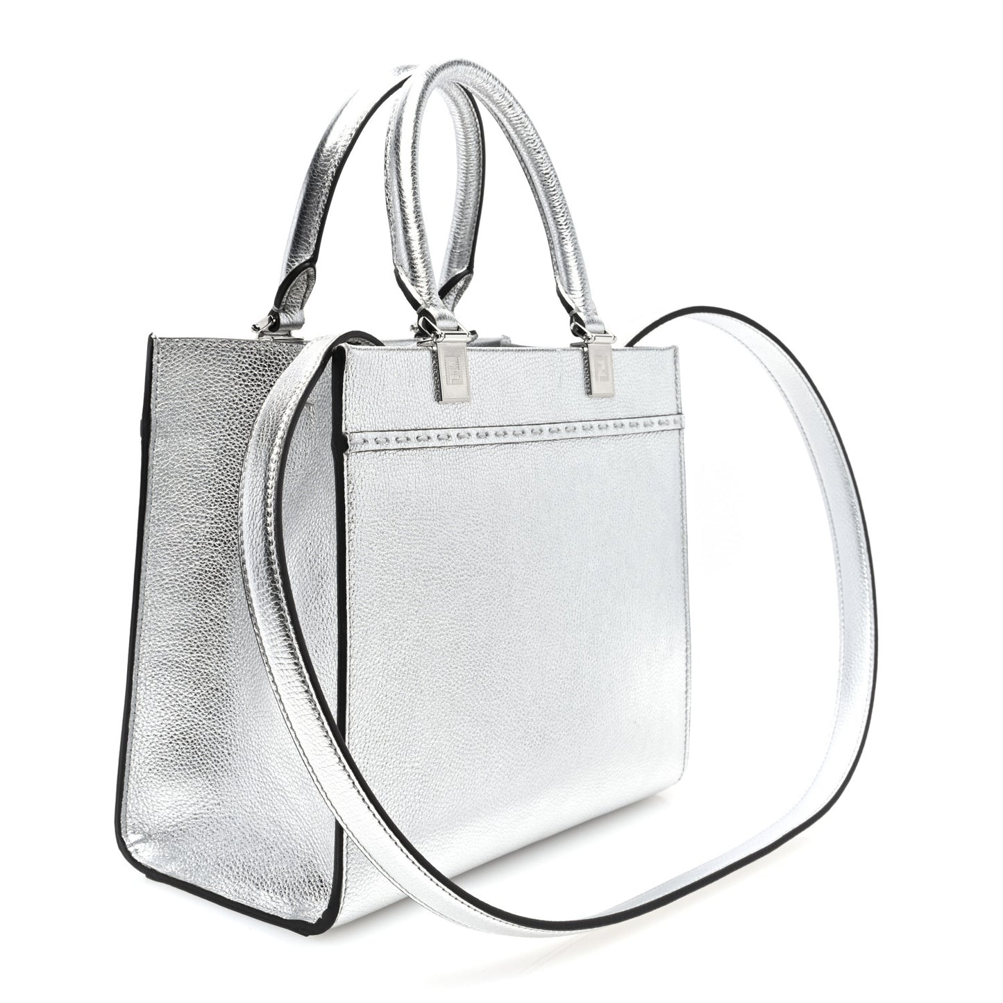 Metallic Calfskin Logo Embossed Small Fendi Sunshine Shopper Tote Argento