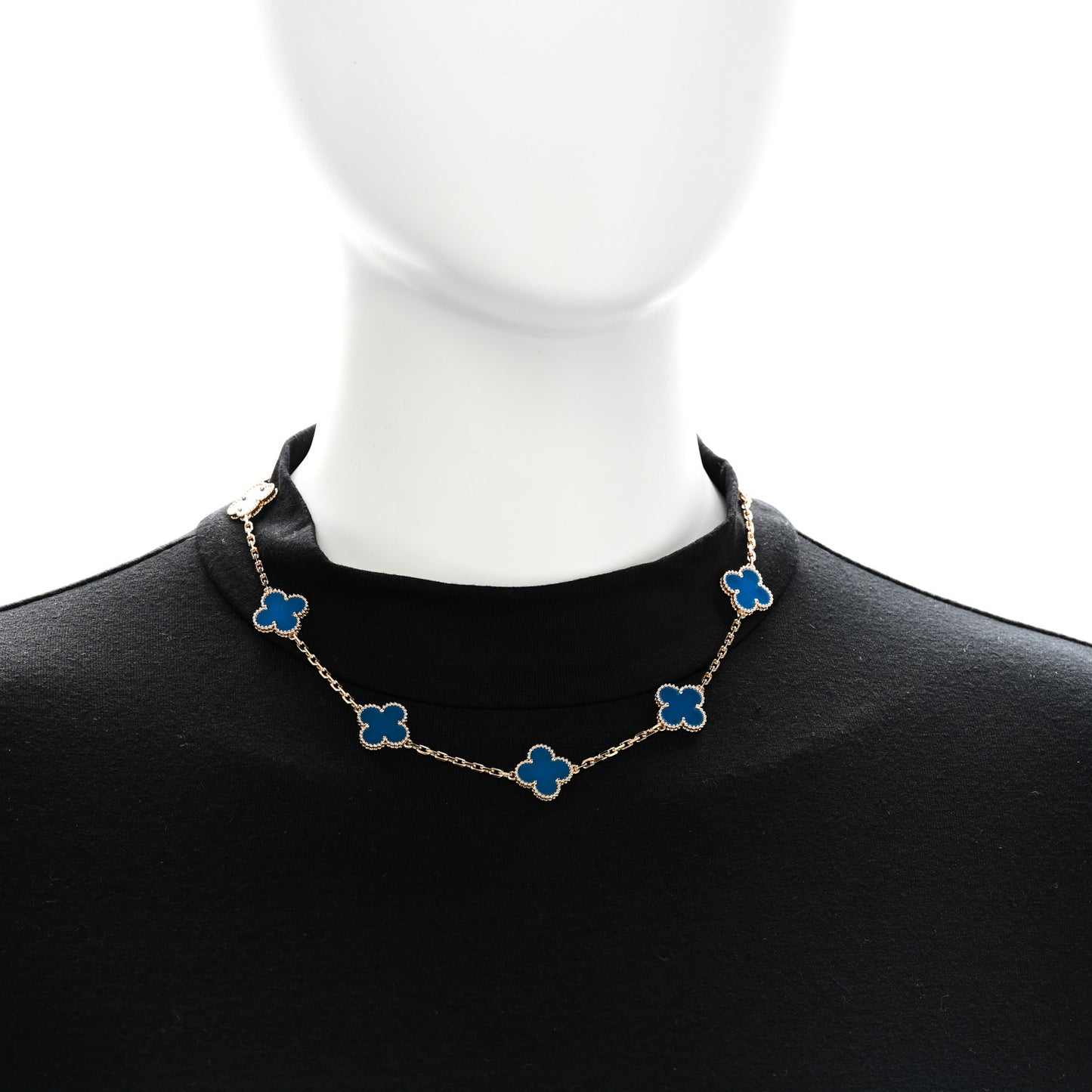 18K Yellow Gold Blue Agate 10 Motifs Vintage Alhambra Necklace