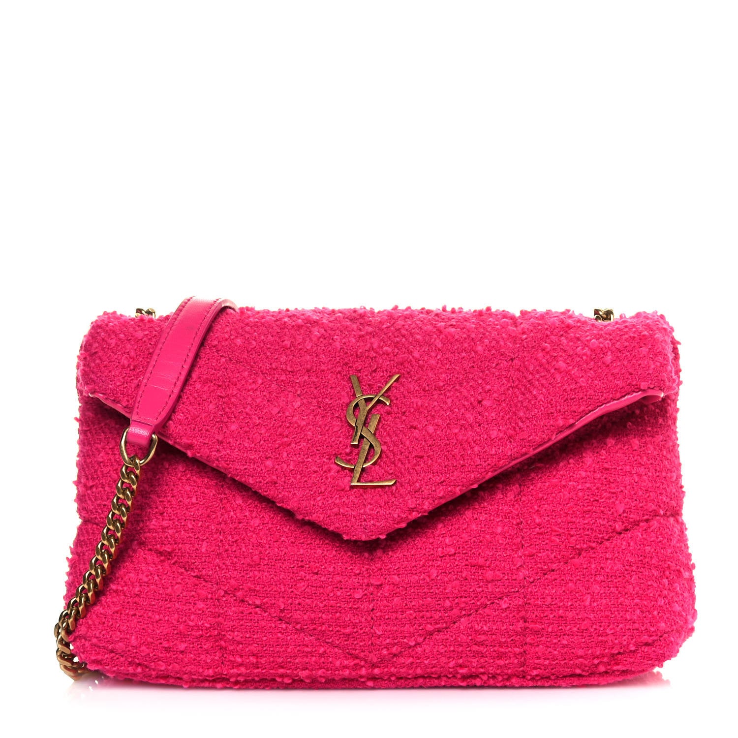 Saint Laurent Boucle Tweed Quilted Toy Loulou Puffer Monogram Chain Satchel Magenta 1 of 12