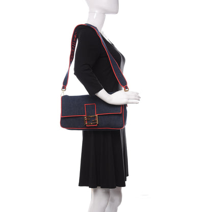 Fendi Denim Large Baguette Blue Rosso 2 of 13