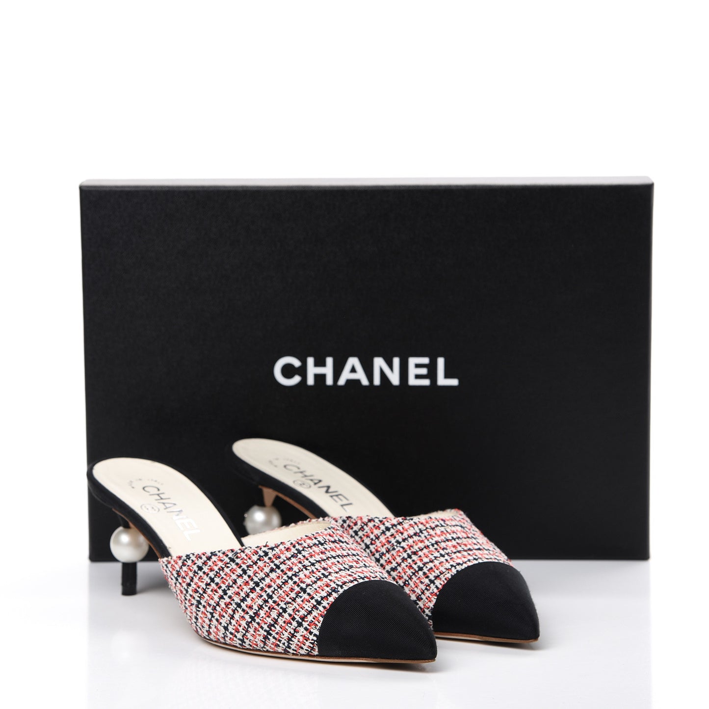 Tweed Grosgrain Pearl Cap Toe Mules 38 Black Red