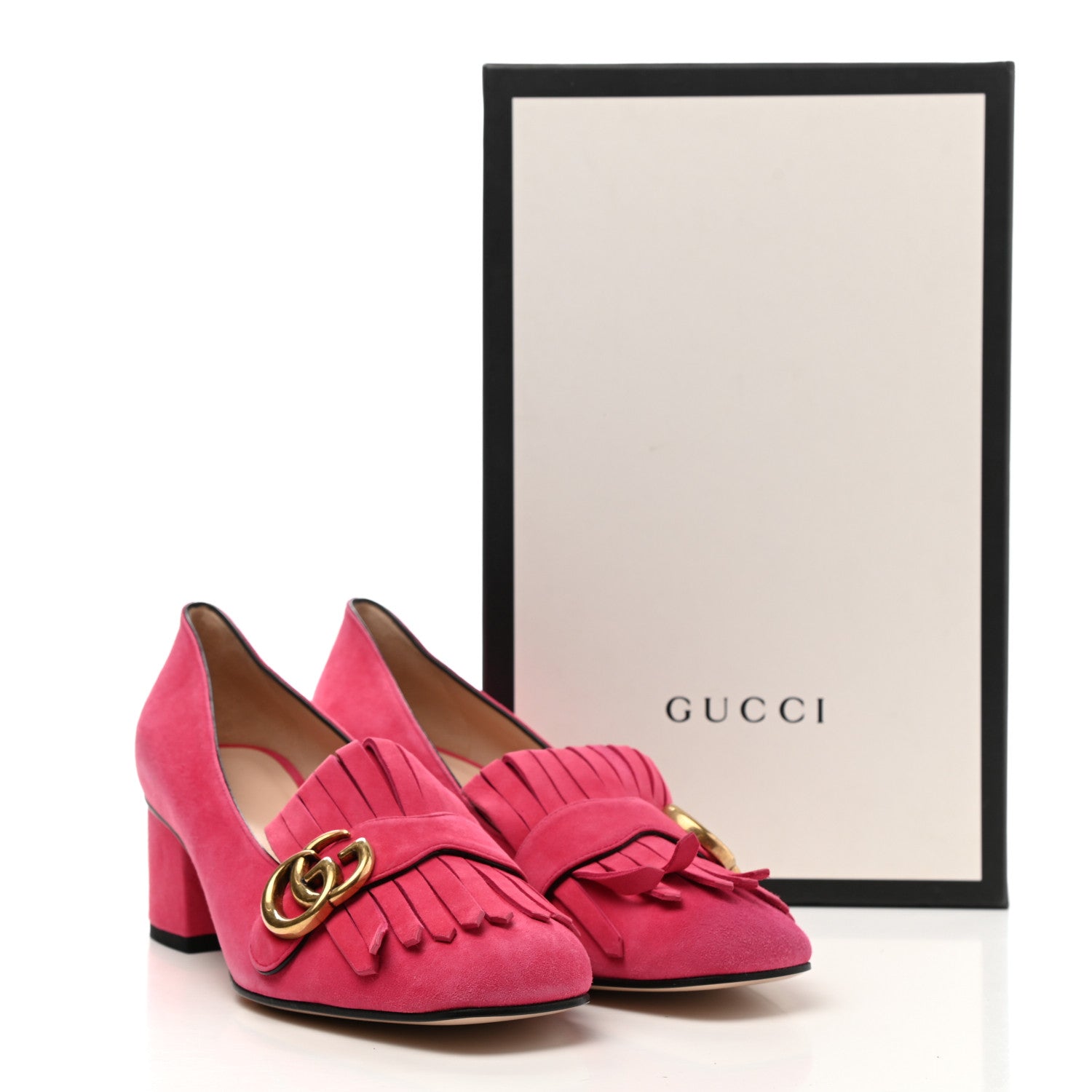 Gucci Kid Scamosciato GG Marmont Fringe 50mm Loafer Pumps 38.5 Hot Pink 9 of 9