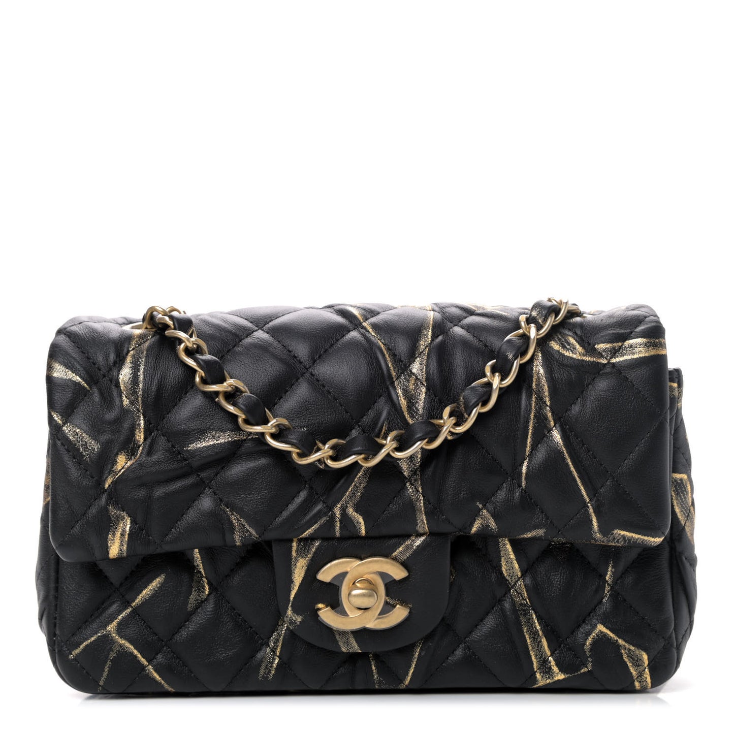 Crumpled Calfskin Printed Quilted Mini Rectangular Flap Black Gold