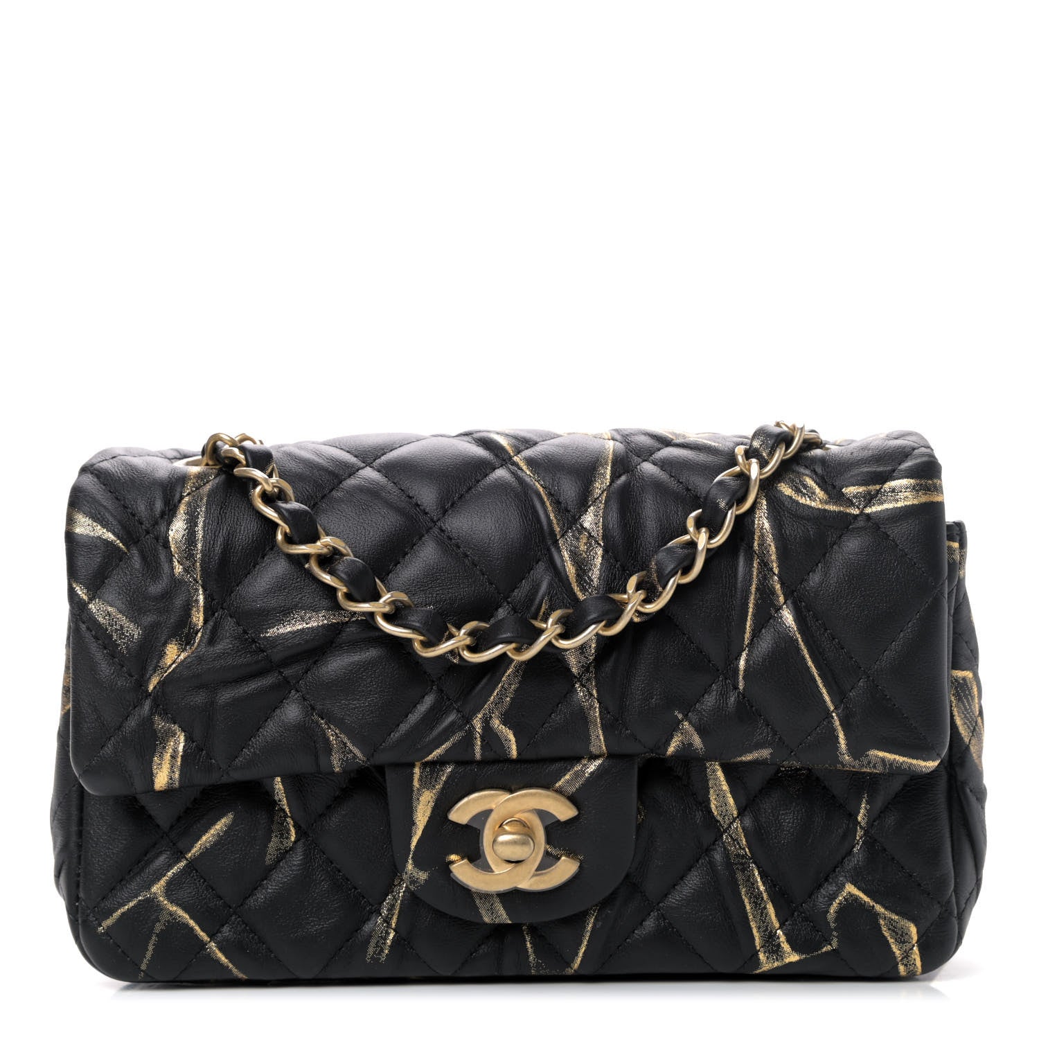 Chanel Crumpled Calfskin Printed Quilted Mini Rectangular Flap Black Gold 1 of 4