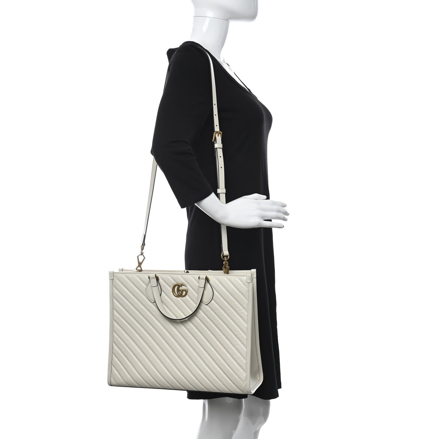 Azalea Calfskin Matelasse Diagonal GG Marmont Tote Bag Mystic White