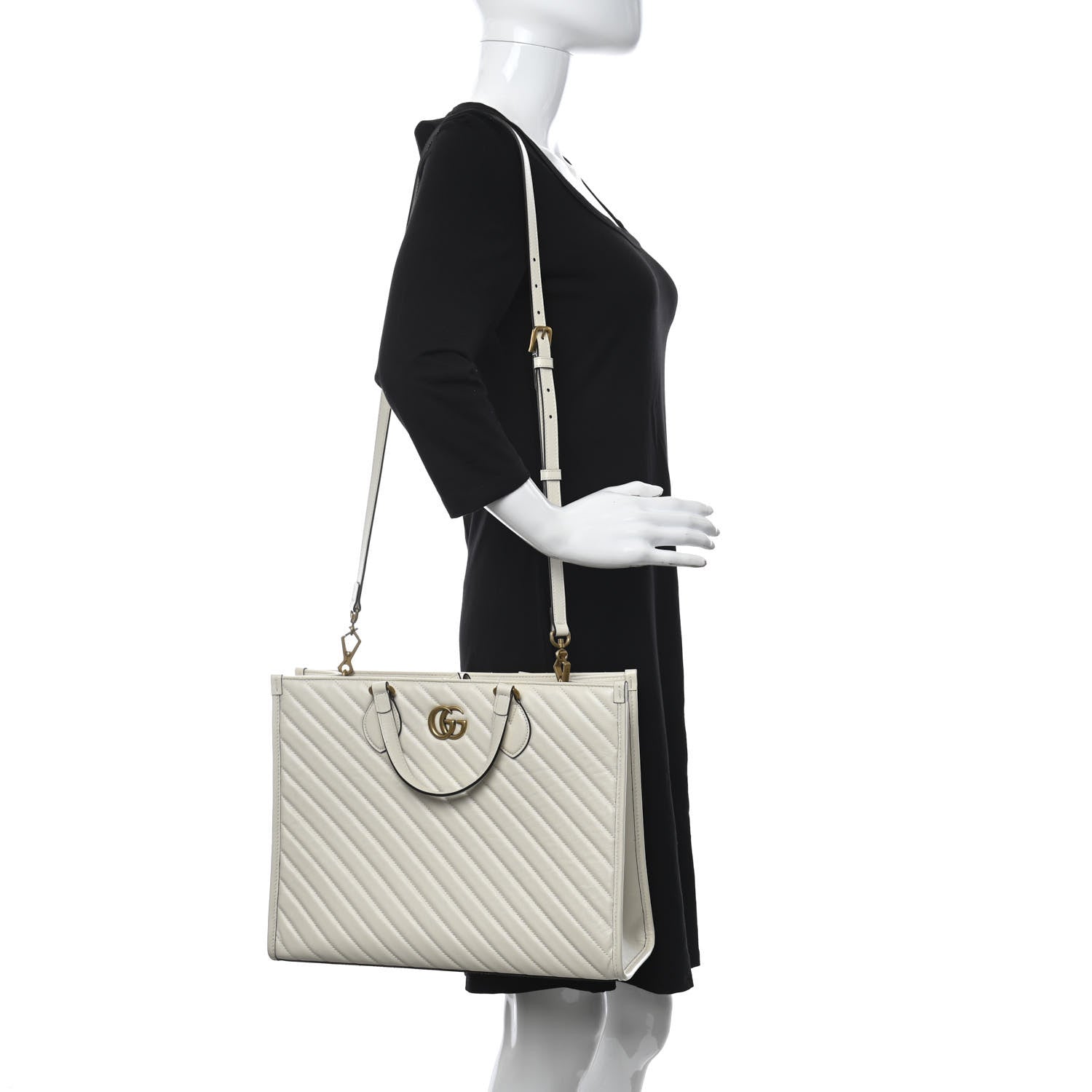 Gucci Azalea Calfskin Matelasse Diagonal GG Marmont Tote Bag Mystic White 2 of 12