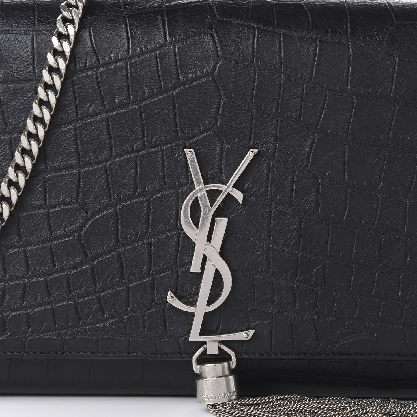 Calfskin Crocodile Embossed Medium Classic Monogram Kate Tassel Satchel Black