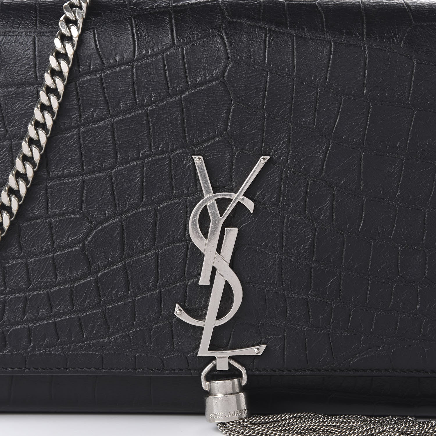 Saint Laurent Calfskin Crocodile Embossed Medium Classic Monogram Kate Tassel Satchel Black 9 of 9
