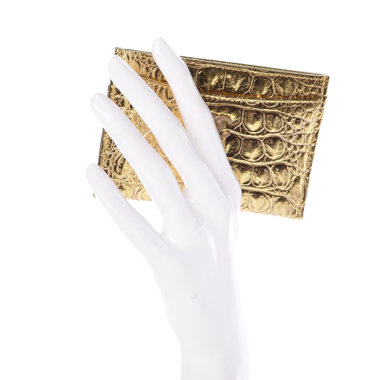 Metallic Calfskin Crocodile Embossed Cocodile Card Holder Gold