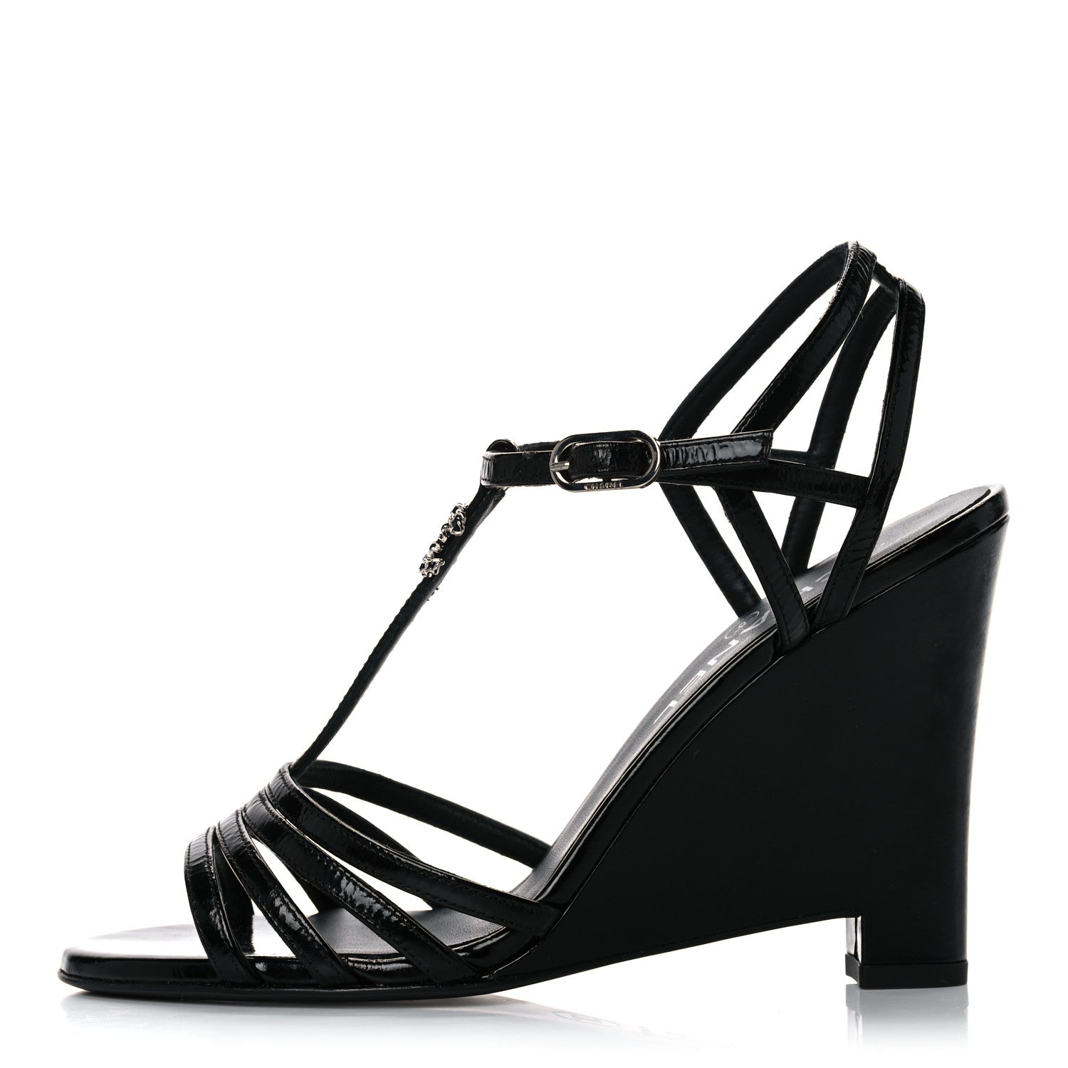 Chanel Patent Goatskin Chain CC Wedge Sandals 38 Black 1 of 12