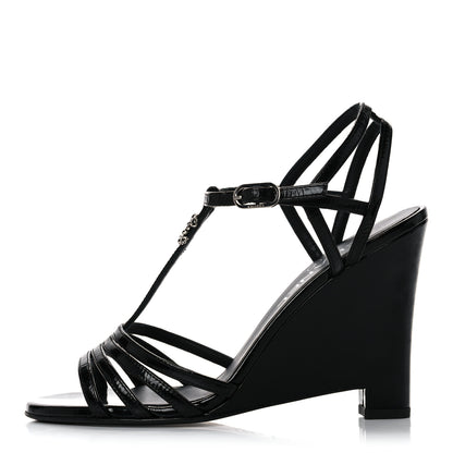 Chanel Patent Goatskin Chain CC Wedge Sandals 38 Black 1 of 12