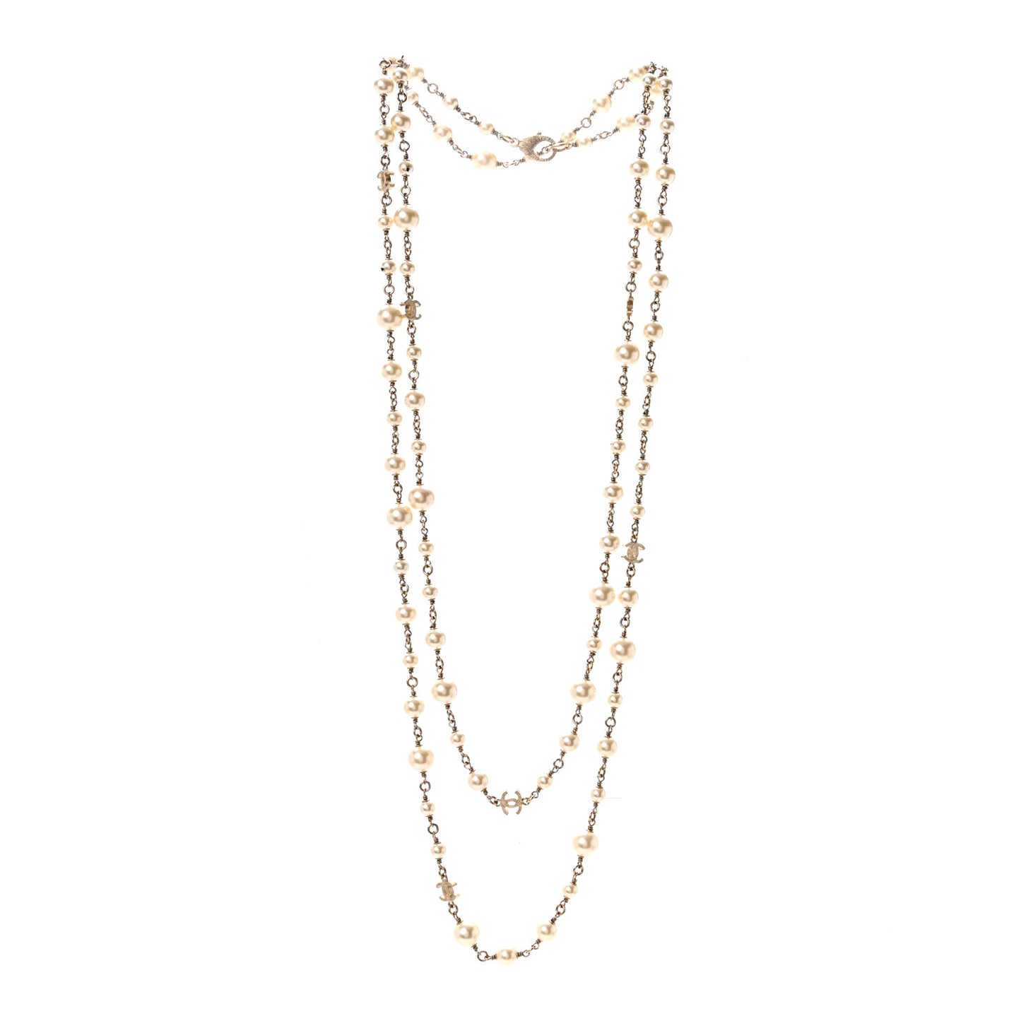 Graduated Pearl CC Long Necklace Gold