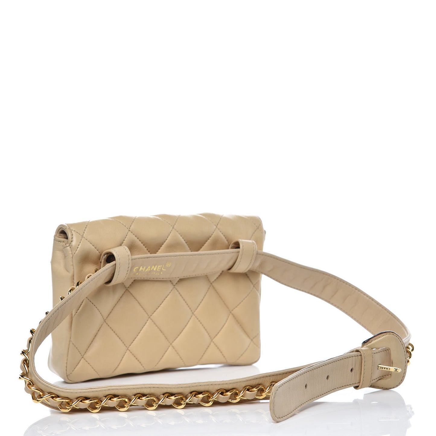 Lambskin Quilted Flap Waist Belt Bag Beige