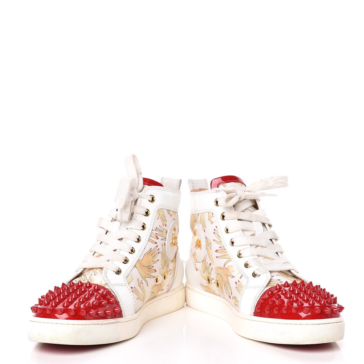 Christian Louboutin Toile Printed Patent Calfskin Tissu Beauty Spikes Louis Flat Sneakers 38 White 5 of 26