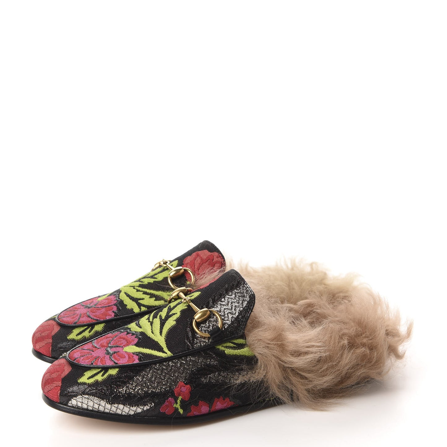 Brocade Fur Floral Womens Princetown Slippers 35 Black Anthracite