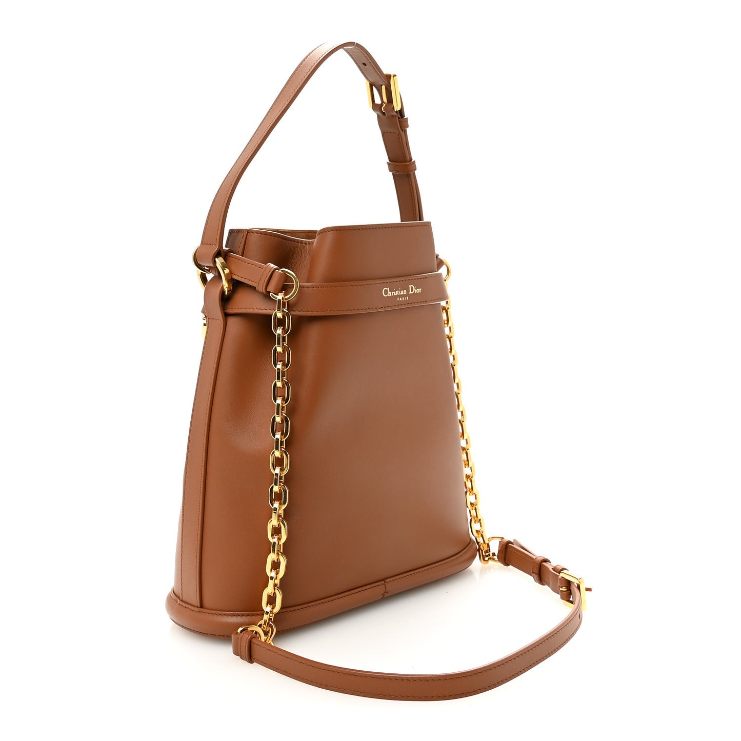 Calfskin CD Embossed Medium C'est Chain Bucket Bag Golden Saddle